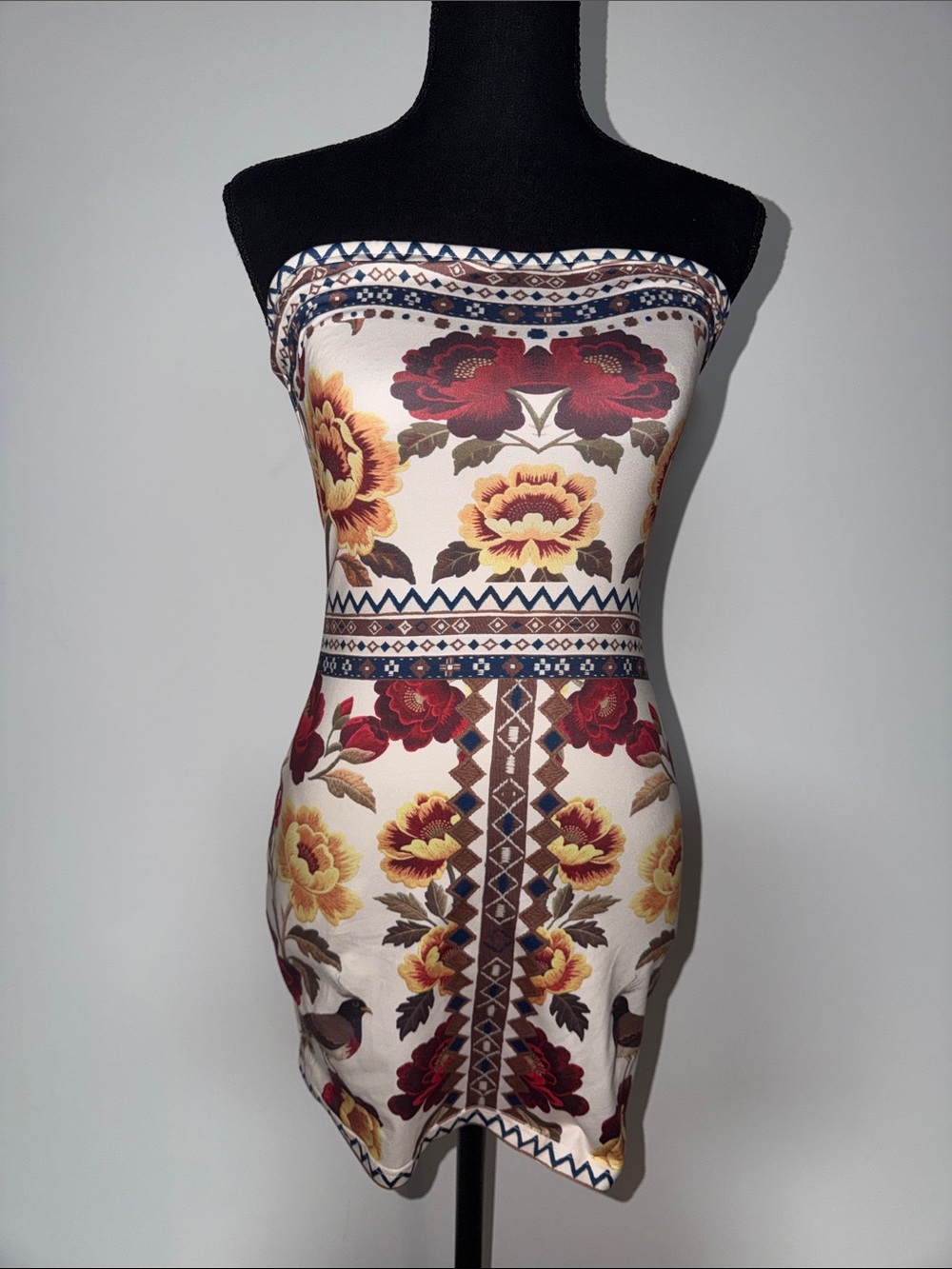 Floral Strapless Bodycon Dress in Cream and Burgundy - Picture 1 of 2